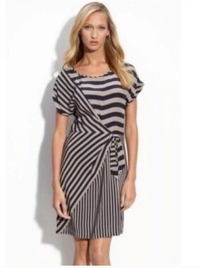 BCBG Giovanna Tan And Navy Stripped Silk Dress